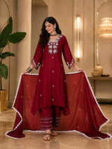 Women's Silk Maroon Kurta Set