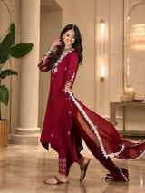Women's Silk Maroon Kurta Set