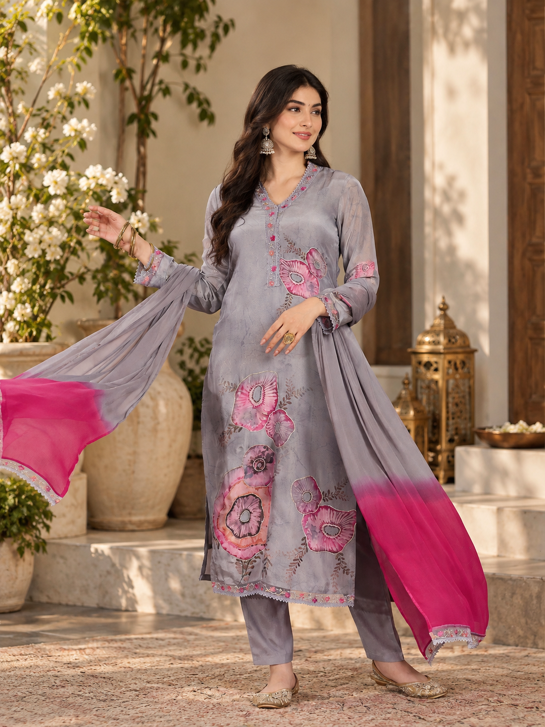 Women Grey Simmar Silk Embroidery Kurta Set