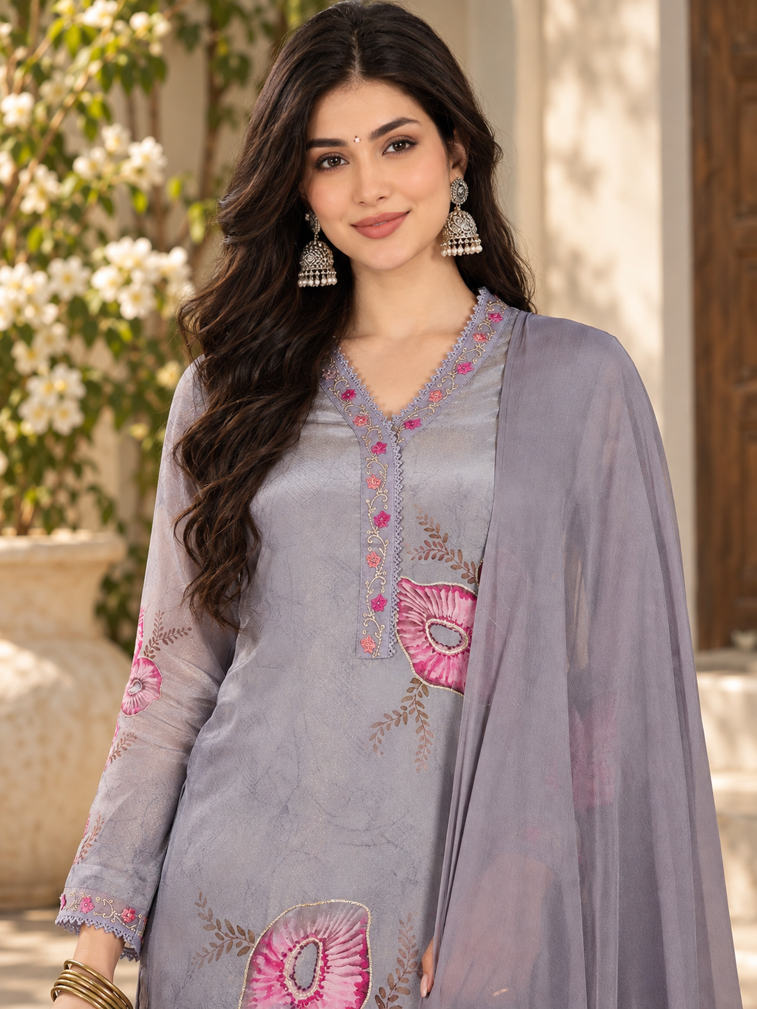 Women Grey Simmar Silk Embroidery Kurta Set