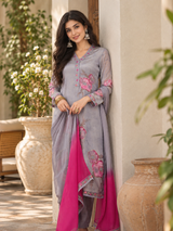 Women Grey Simmar Silk Embroidery Kurta Set