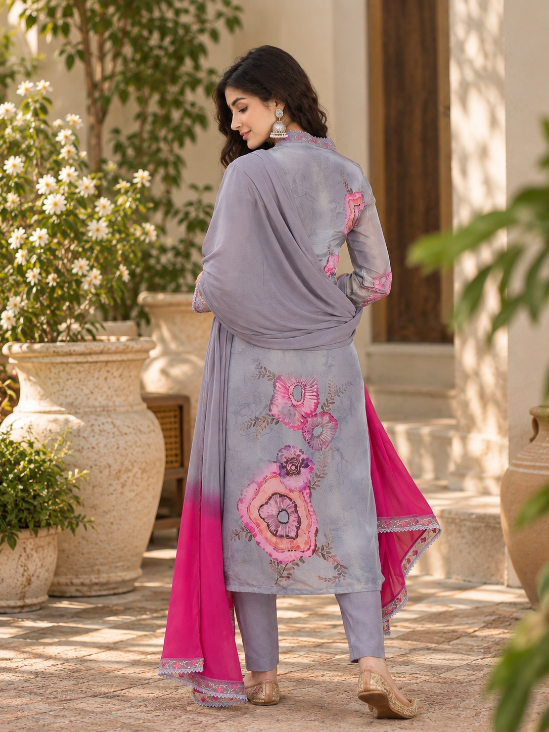 Women Grey Simmar Silk Embroidery Kurta Set
