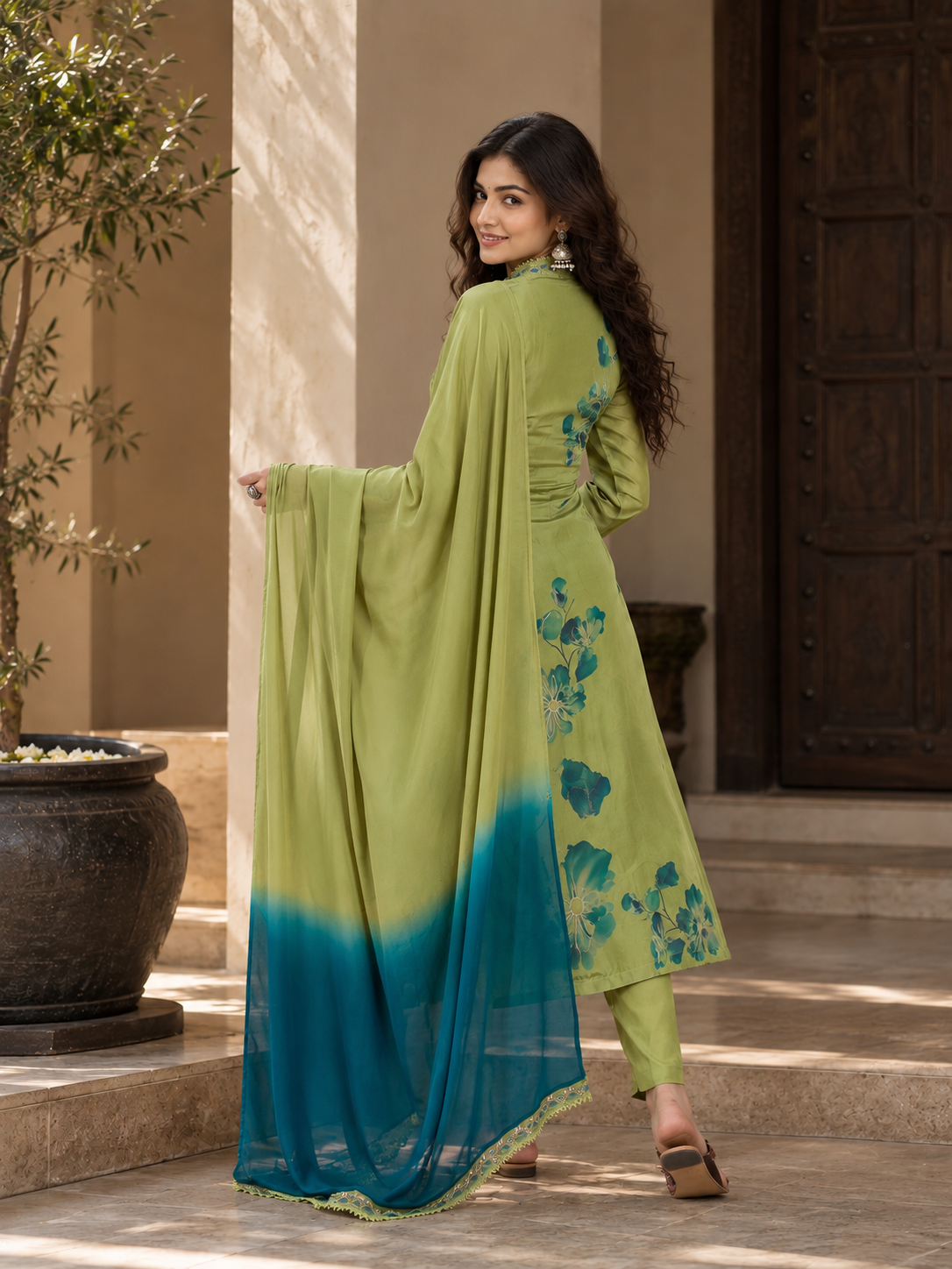 Women Green Silk Crepe Embroidery Kurta Set