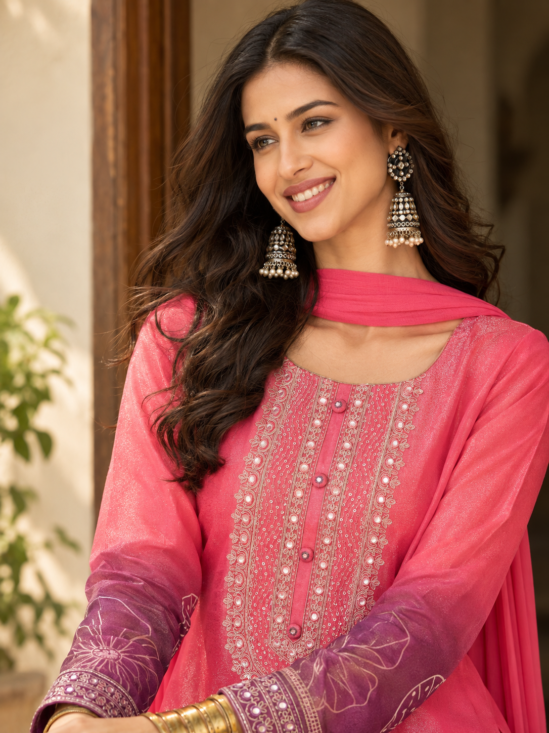Women Pink Silk Crepe Embroidery Kurta Set