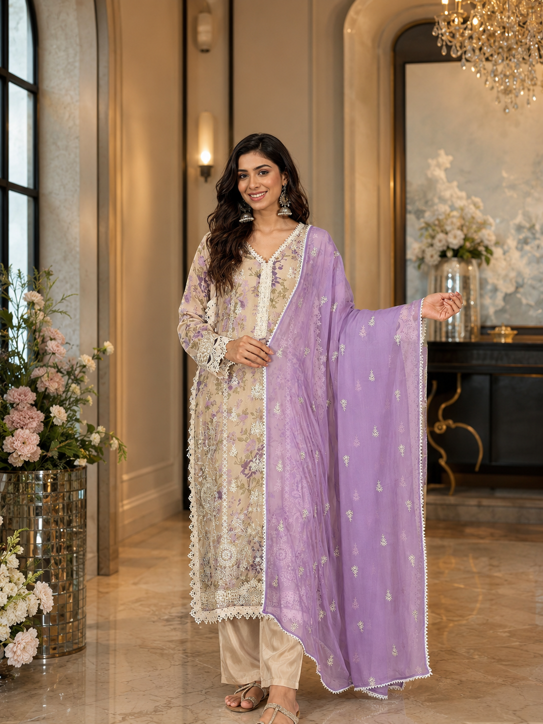 Women's Organza Beige Kurta Set 5