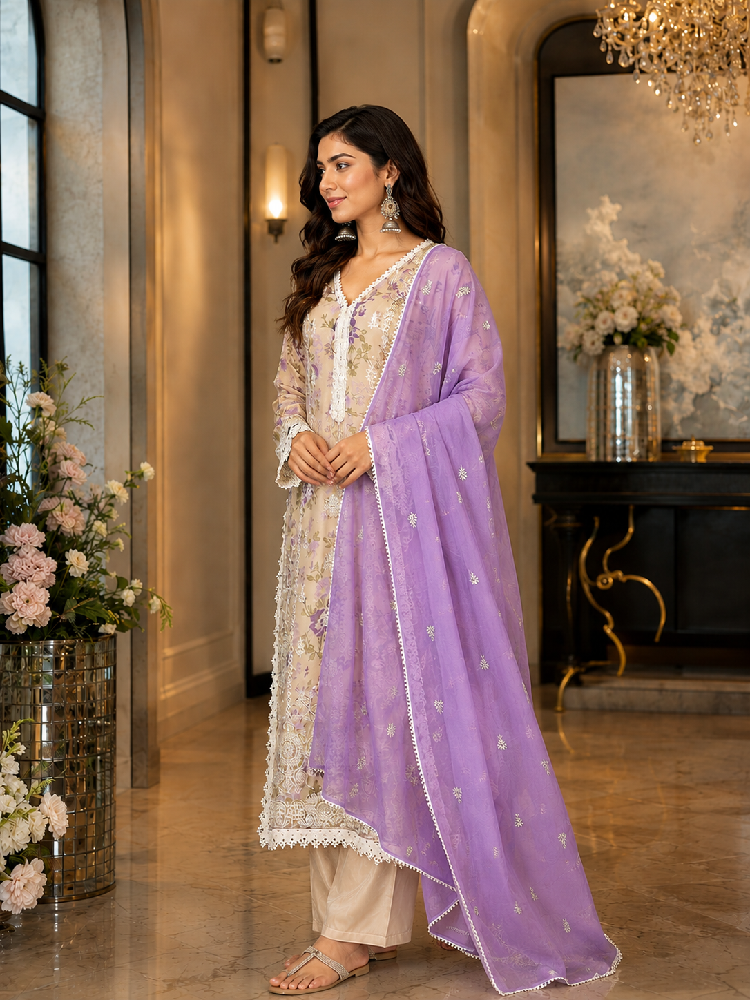 Women's Organza Beige Kurta Set 5