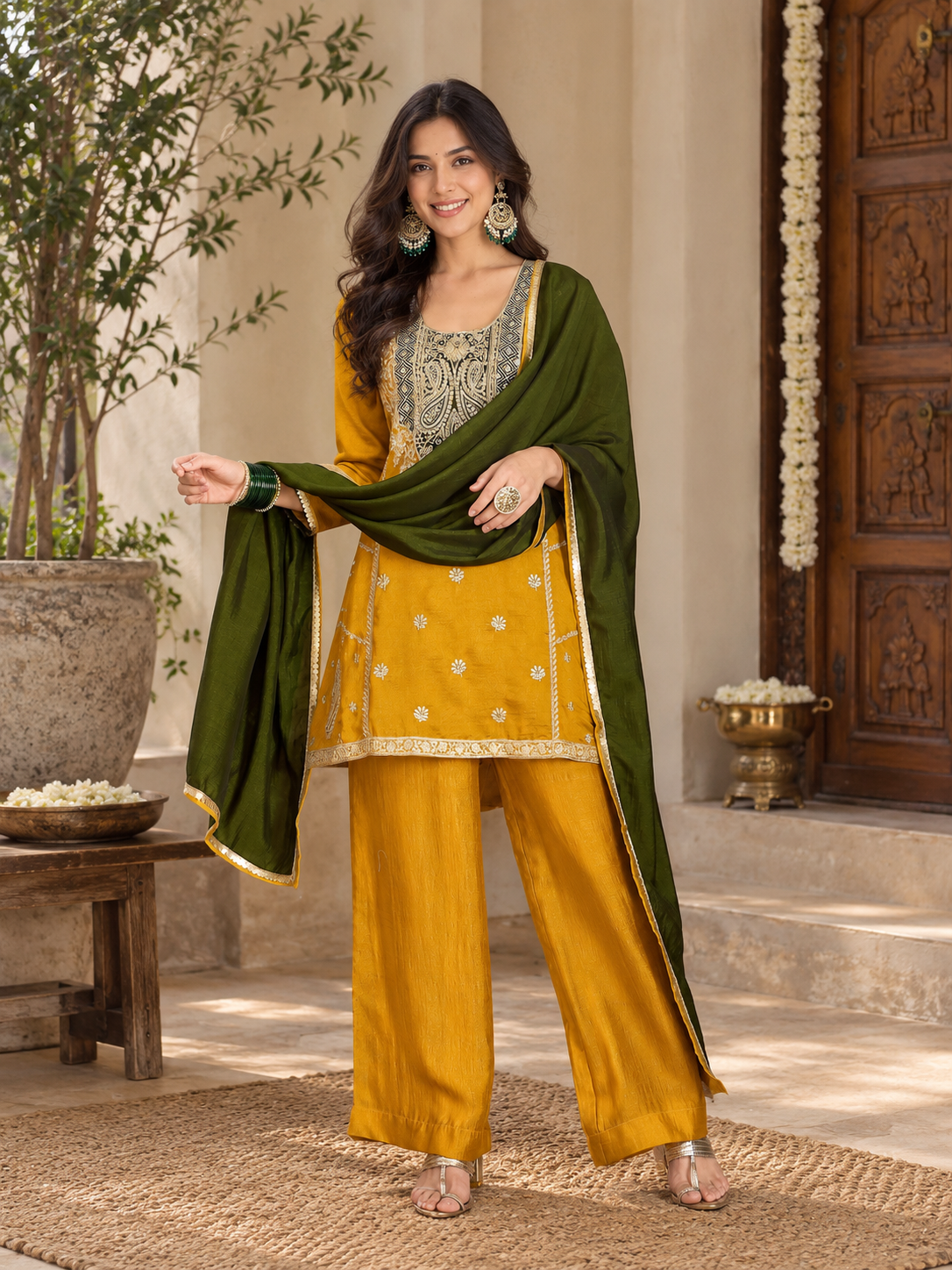 Women Mustard Vichitra Silk Embroidered Kurta Set