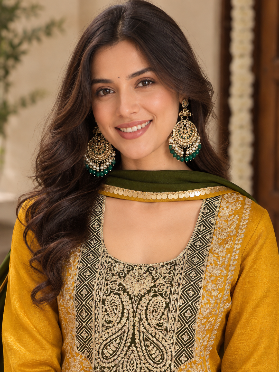 Women Mustard Vichitra Silk Embroidered Kurta Set