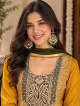Women Mustard Vichitra Silk Embroidered Kurta Set