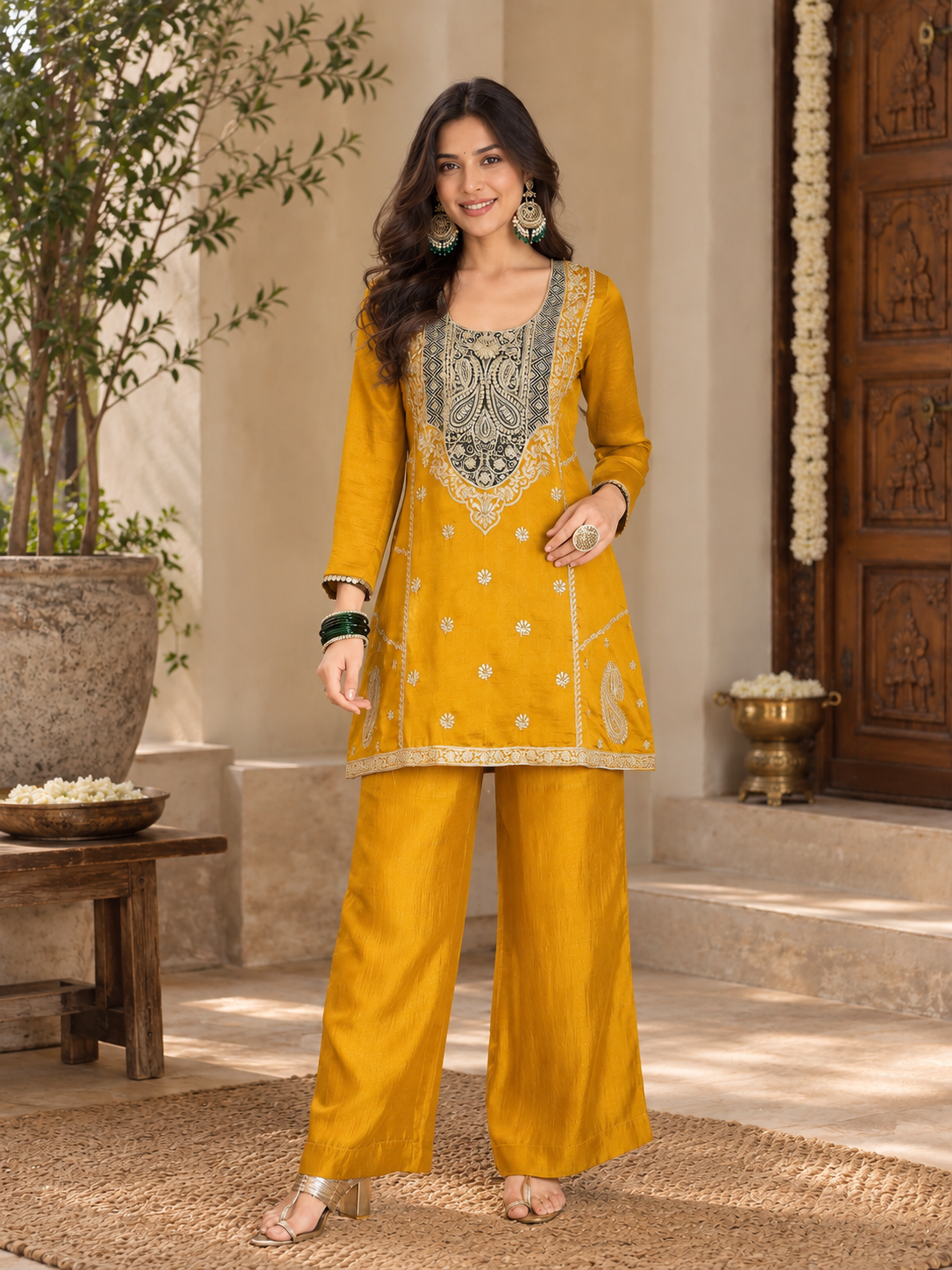 Women Mustard Vichitra Silk Embroidered Kurta Set