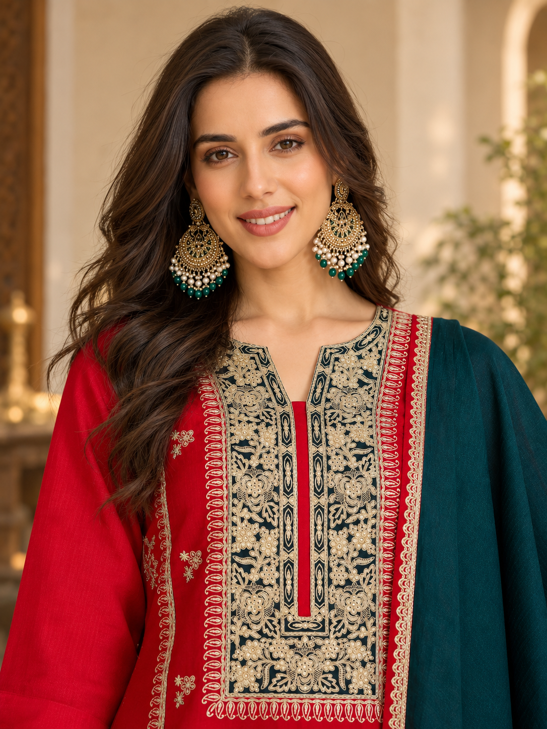 Women Fuchsia Vichitra Silk Embroidered Kurta Set