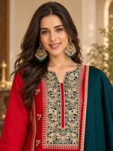Women Fuchsia Vichitra Silk Embroidered Kurta Set