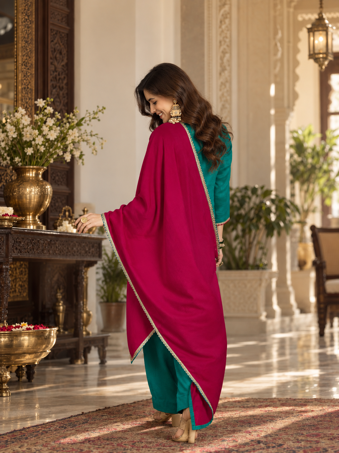 Women Blue Vichitra Silk Embroidered Kurta Set