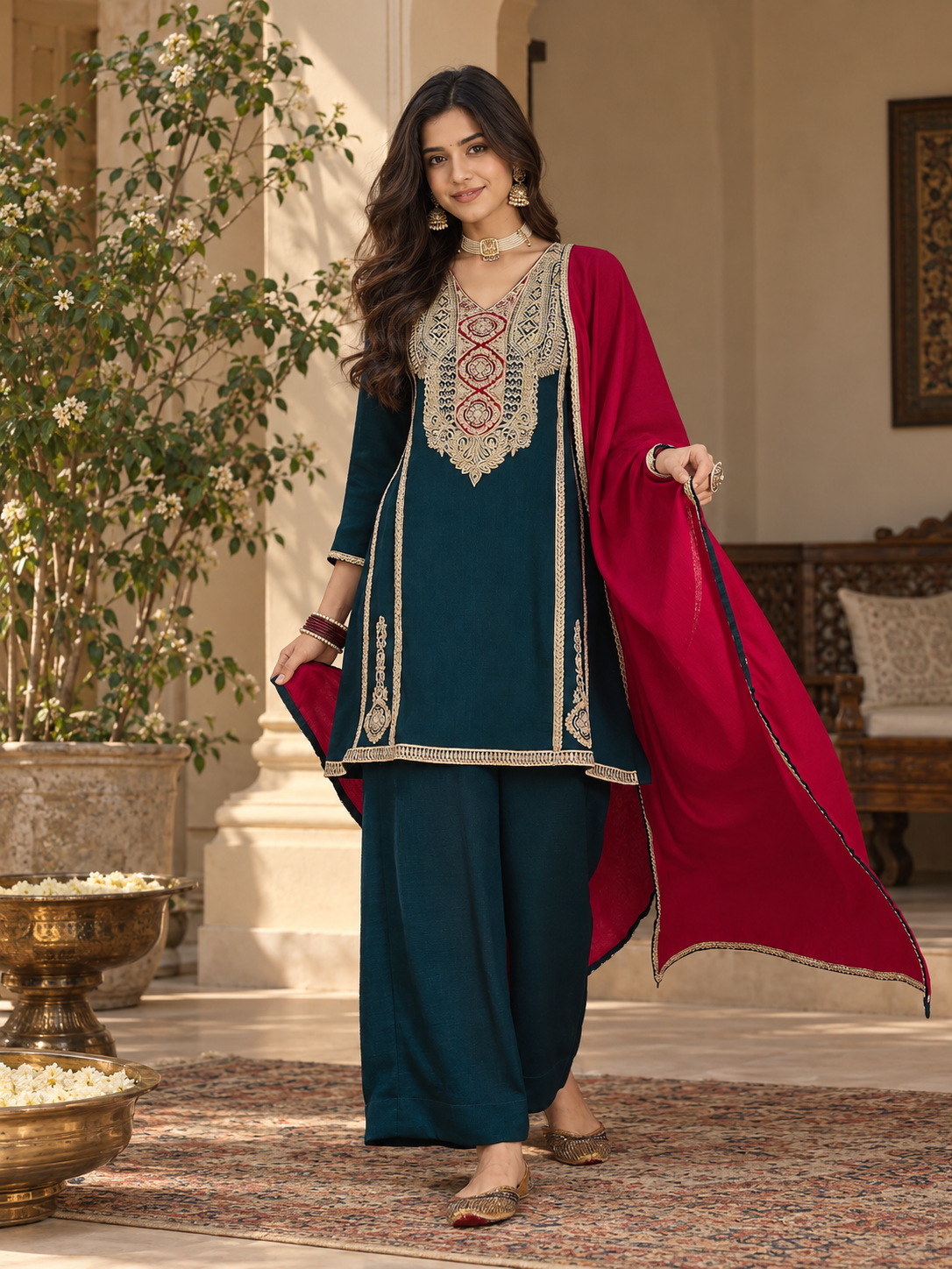 Women Teal Vichitra Silk Embroidered Kurta Set