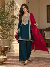 Women Teal Vichitra Silk Embroidered Kurta Set