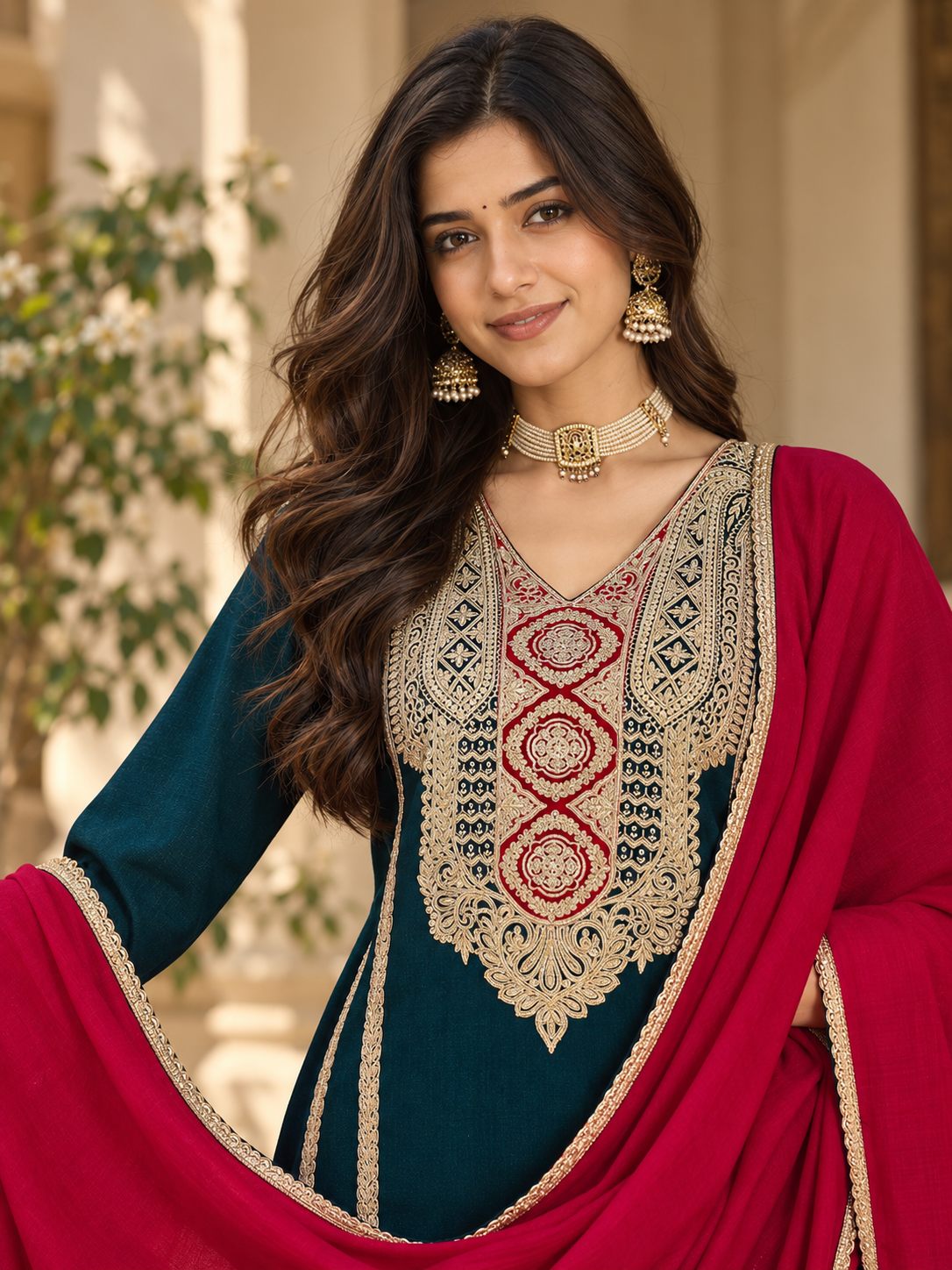 Women Teal Vichitra Silk Embroidered Kurta Set