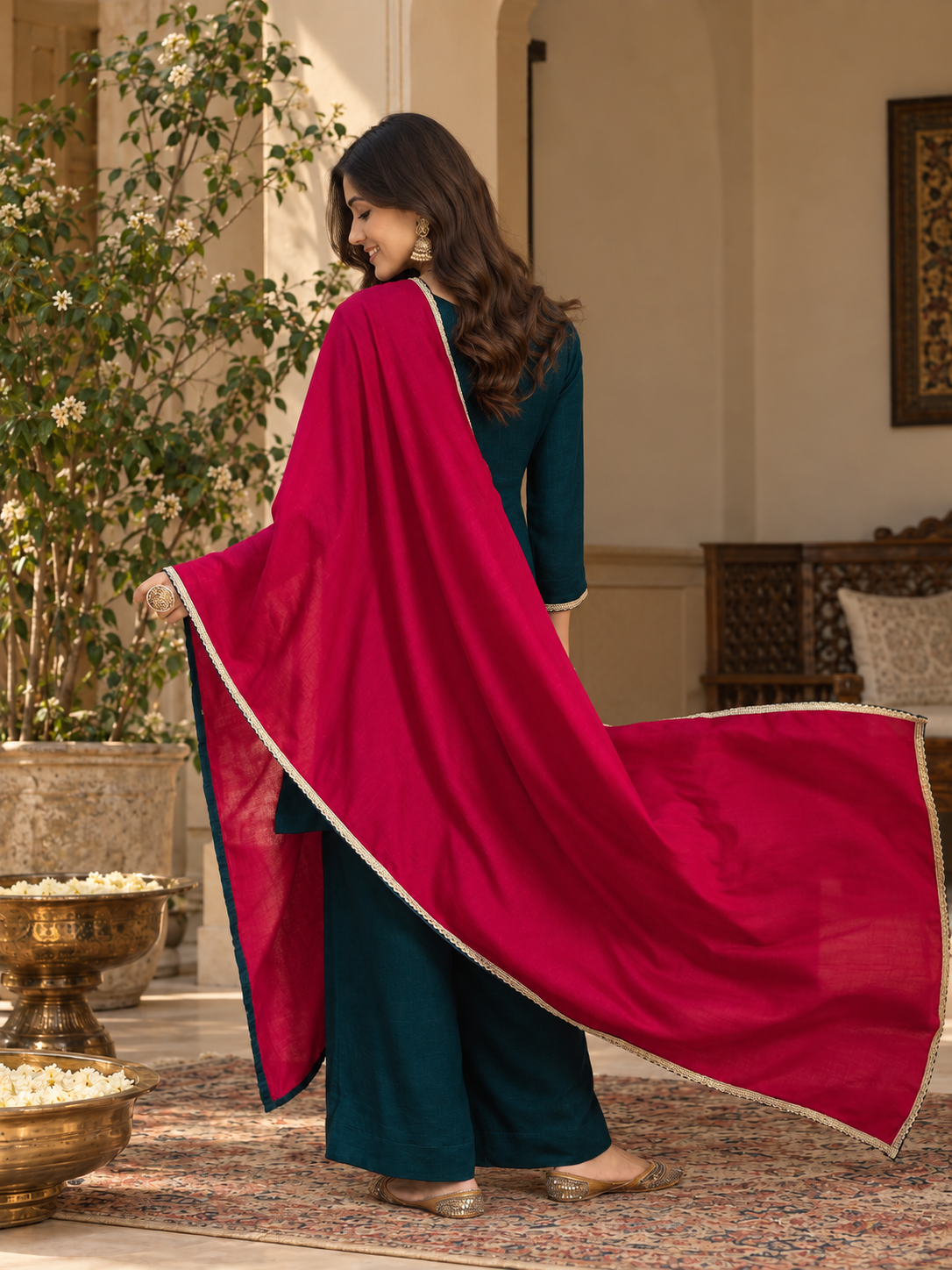 Women Teal Vichitra Silk Embroidered Kurta Set