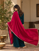 Women Teal Vichitra Silk Embroidered Kurta Set