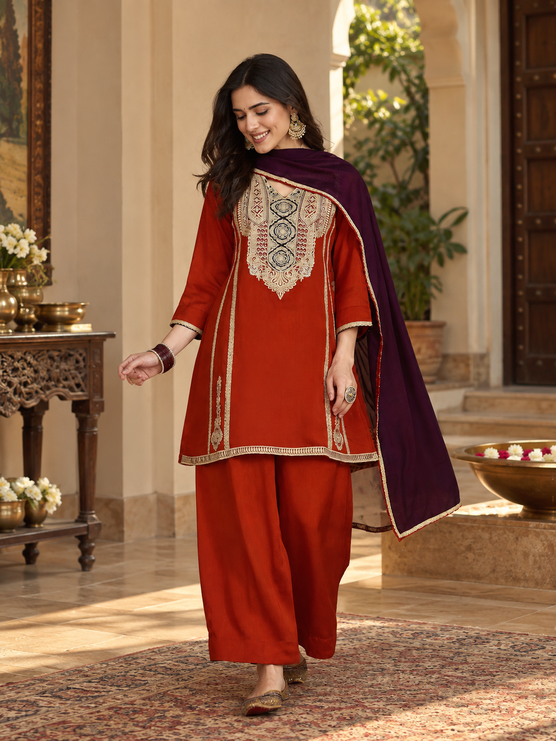 Women Rust Vichitra Silk Embroidered Kurta Set