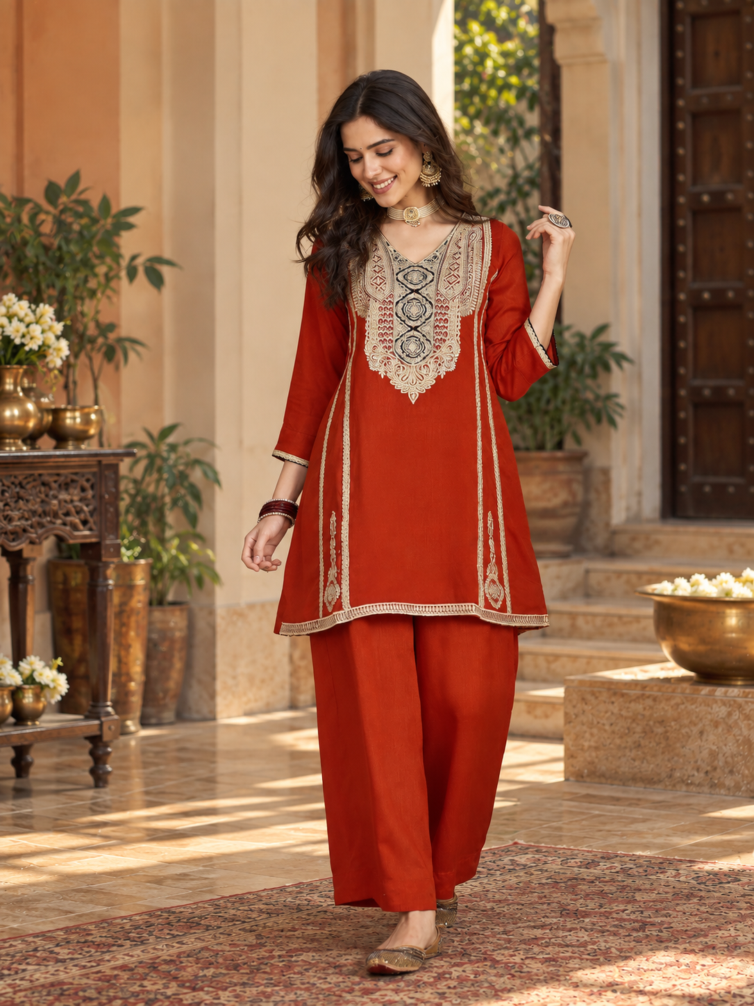 Women Rust Vichitra Silk Embroidered Kurta Set