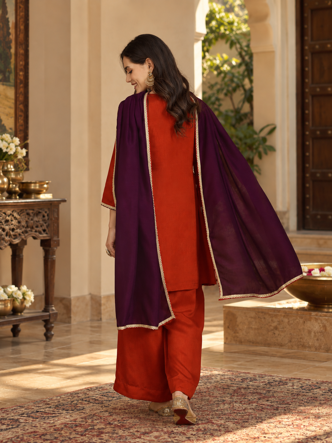 Women Rust Vichitra Silk Embroidered Kurta Set