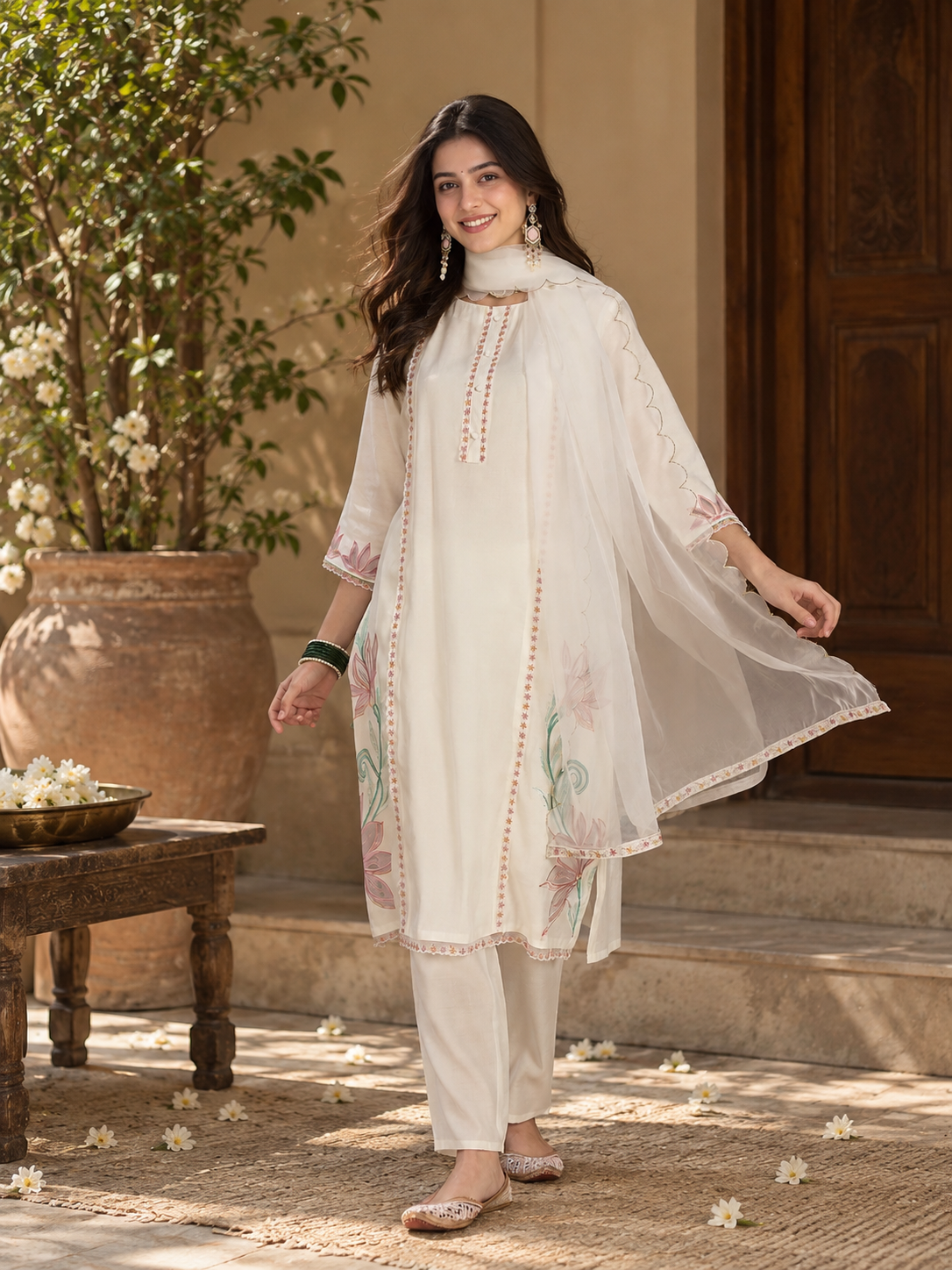 Women White Roman Silk Embroidery Kurta Set