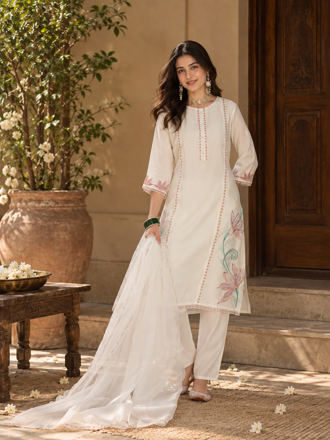 Women White Roman Silk Embroidery Kurta Set