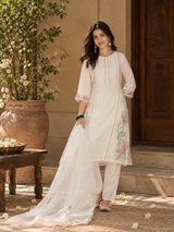 Women White Roman Silk Embroidery Kurta Set