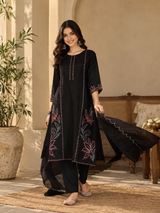 Women Black Roman Silk Embroidery Kurta Set