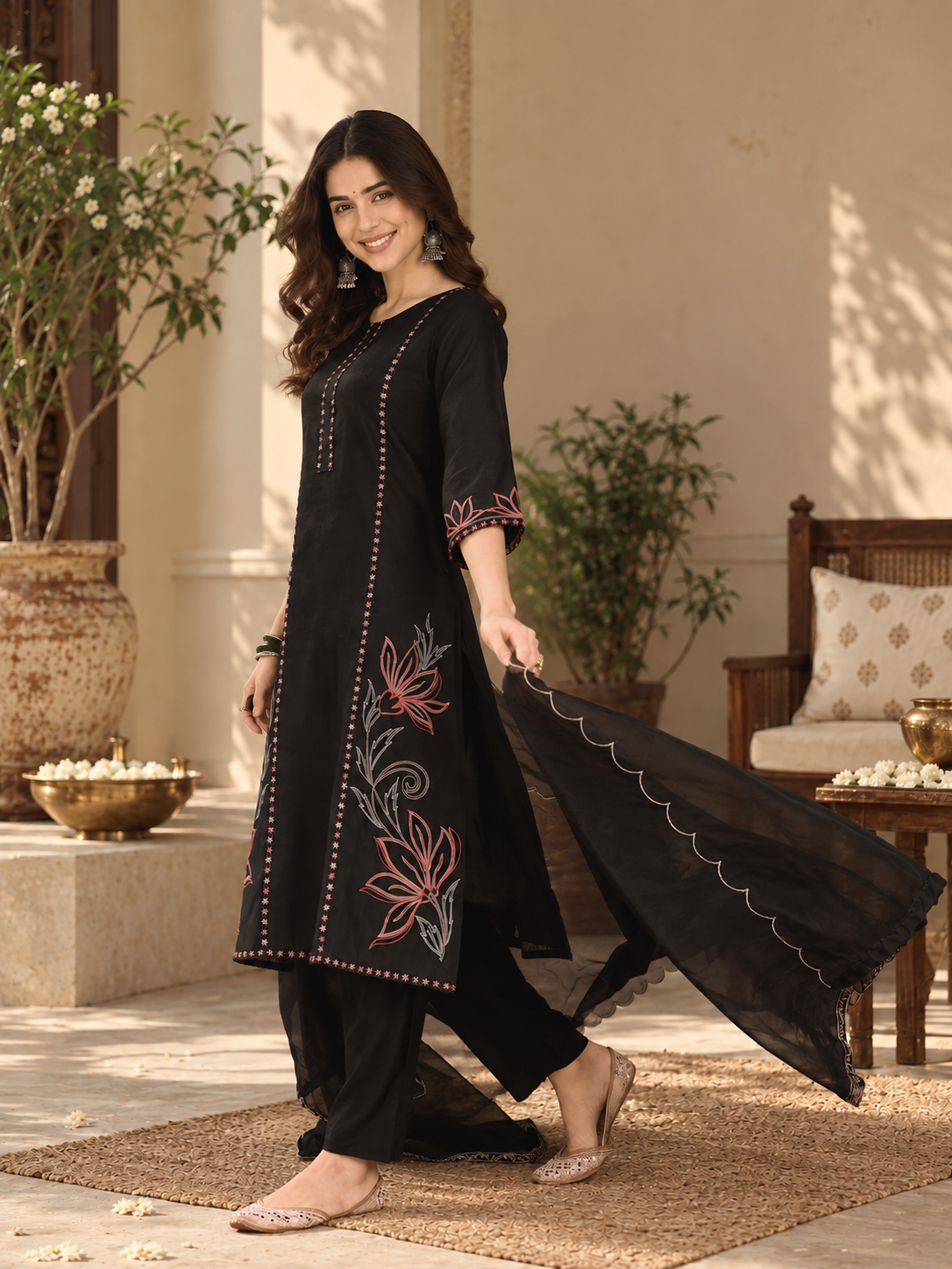 Women Black Roman Silk Embroidery Kurta Set
