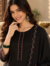 Women Black Roman Silk Embroidery Kurta Set