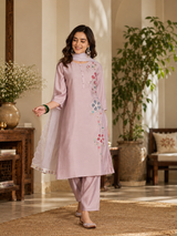 Women Mauve Roman Silk Embroidery Kurta Set
