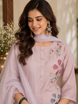 Women Mauve Roman Silk Embroidery Kurta Set