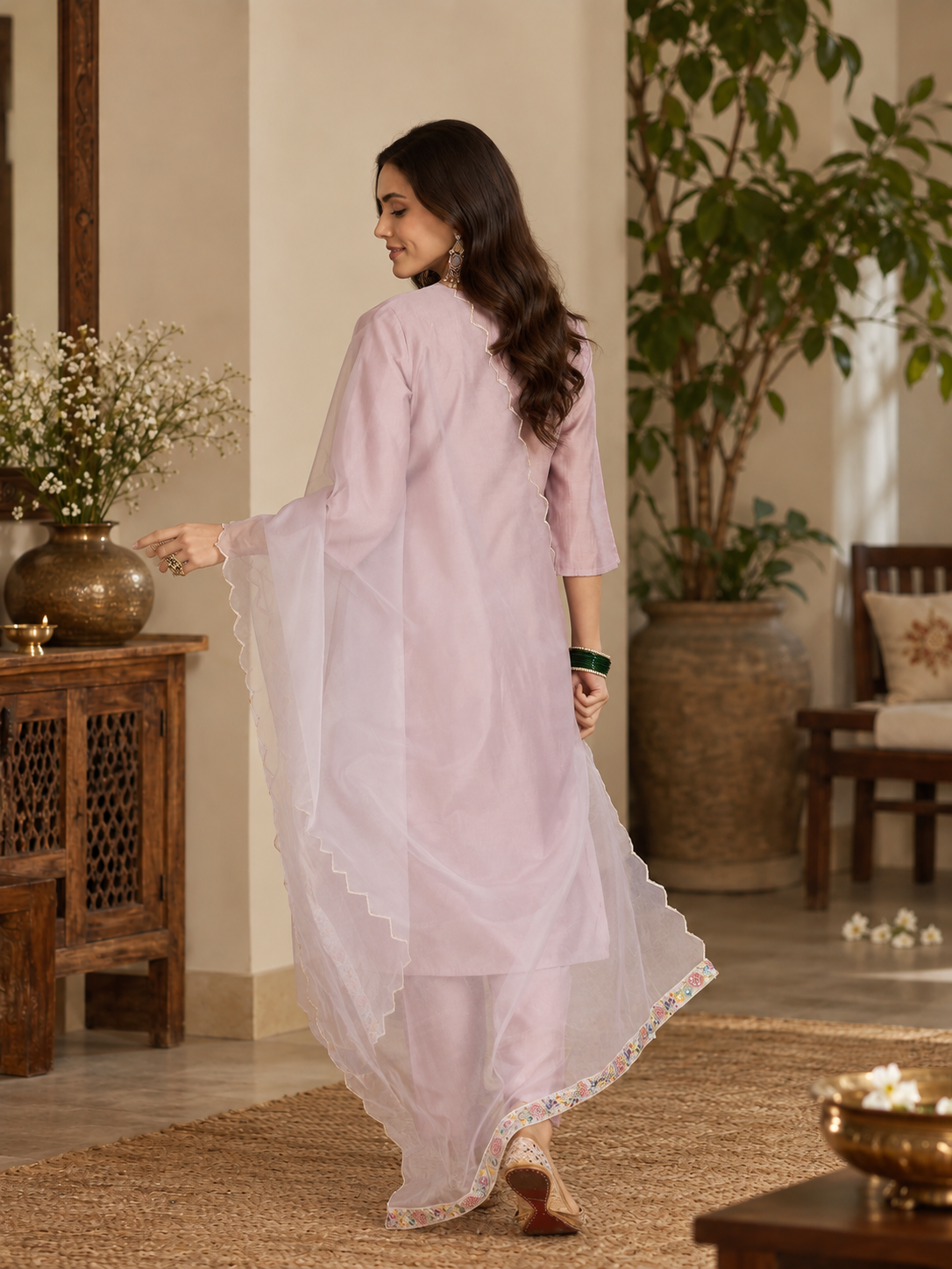 Women Mauve Roman Silk Embroidery Kurta Set