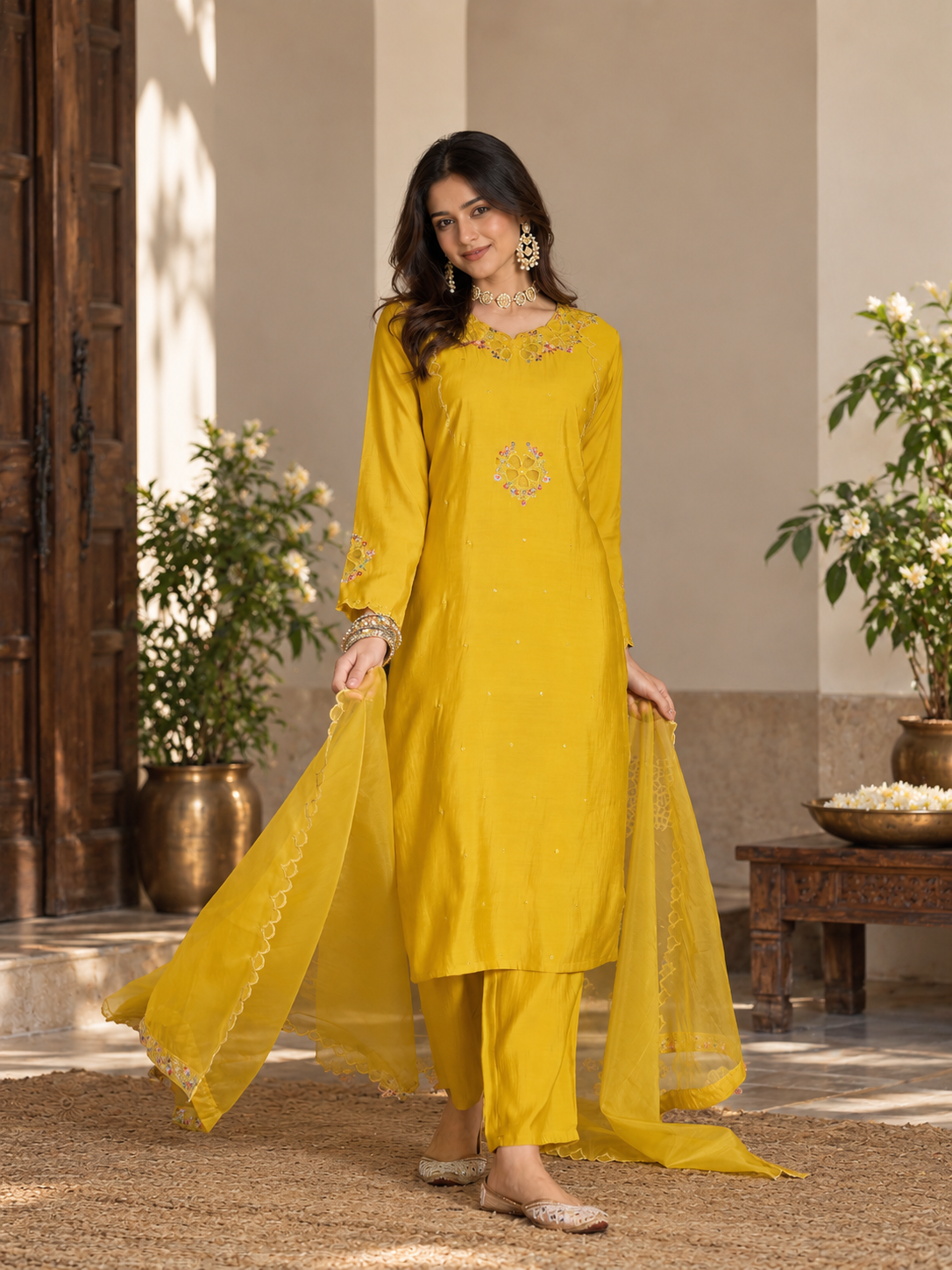 Women Yellow Roman Silk Embroidery Kurta Set