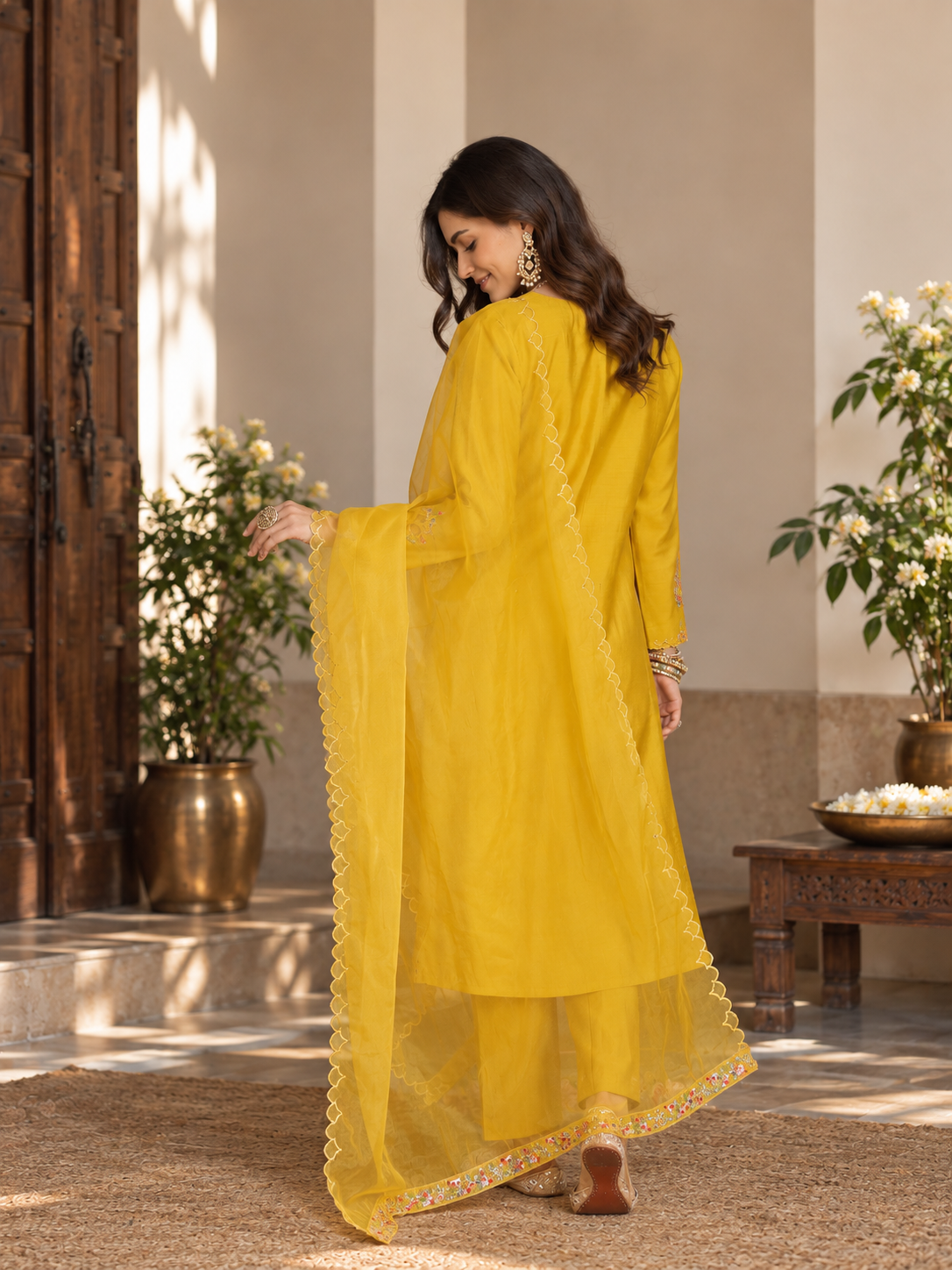 Women Yellow Roman Silk Embroidery Kurta Set