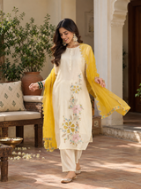 Women White Roman Silk Embroidery Kurta Set