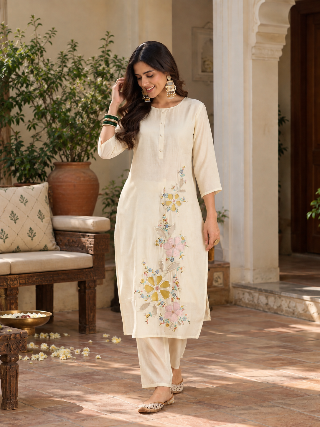 Women White Roman Silk Embroidery Kurta Set