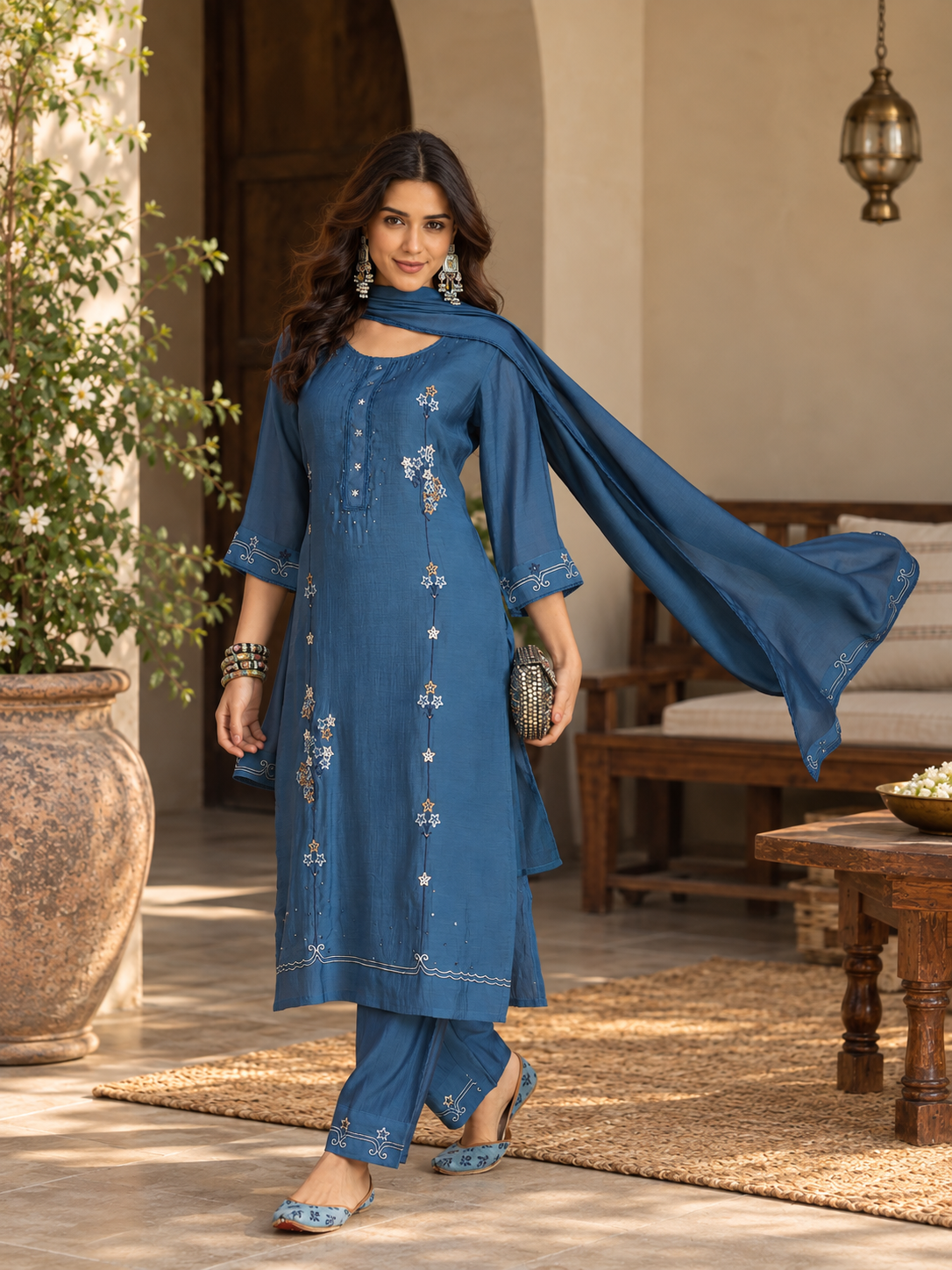 Women Blue Mull Chanderi Embroidery Kurta Set