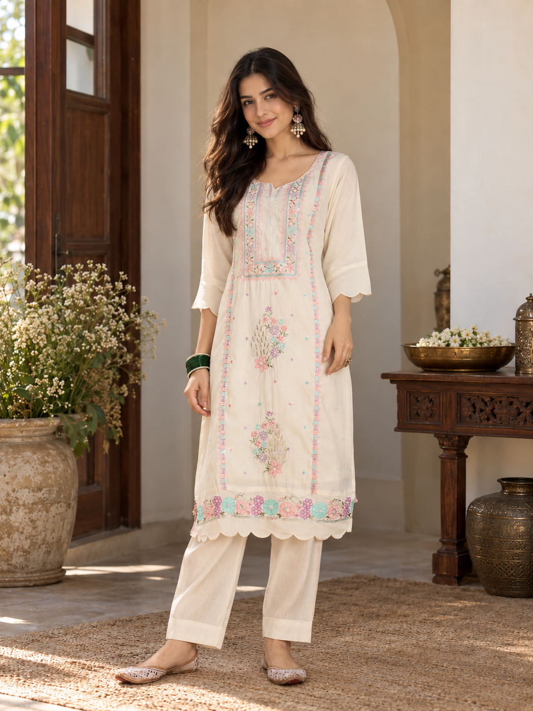 Women Off White Silk Embroidery Kurta Set