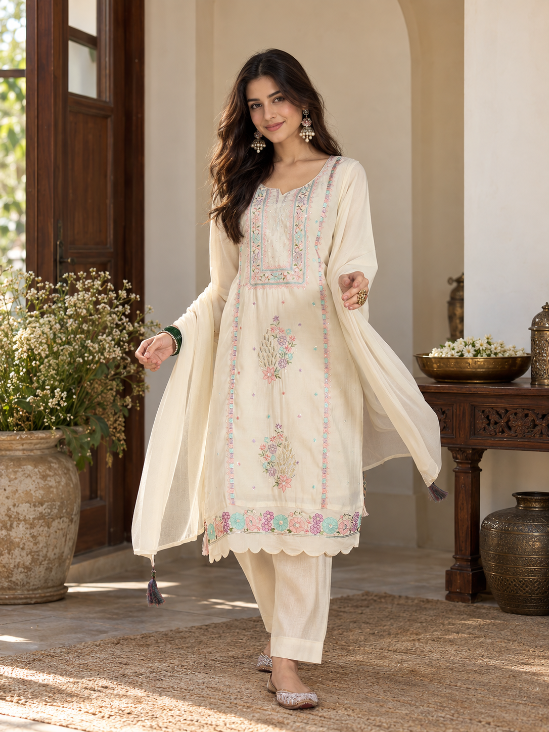 Women Off White Silk Embroidery Kurta Set