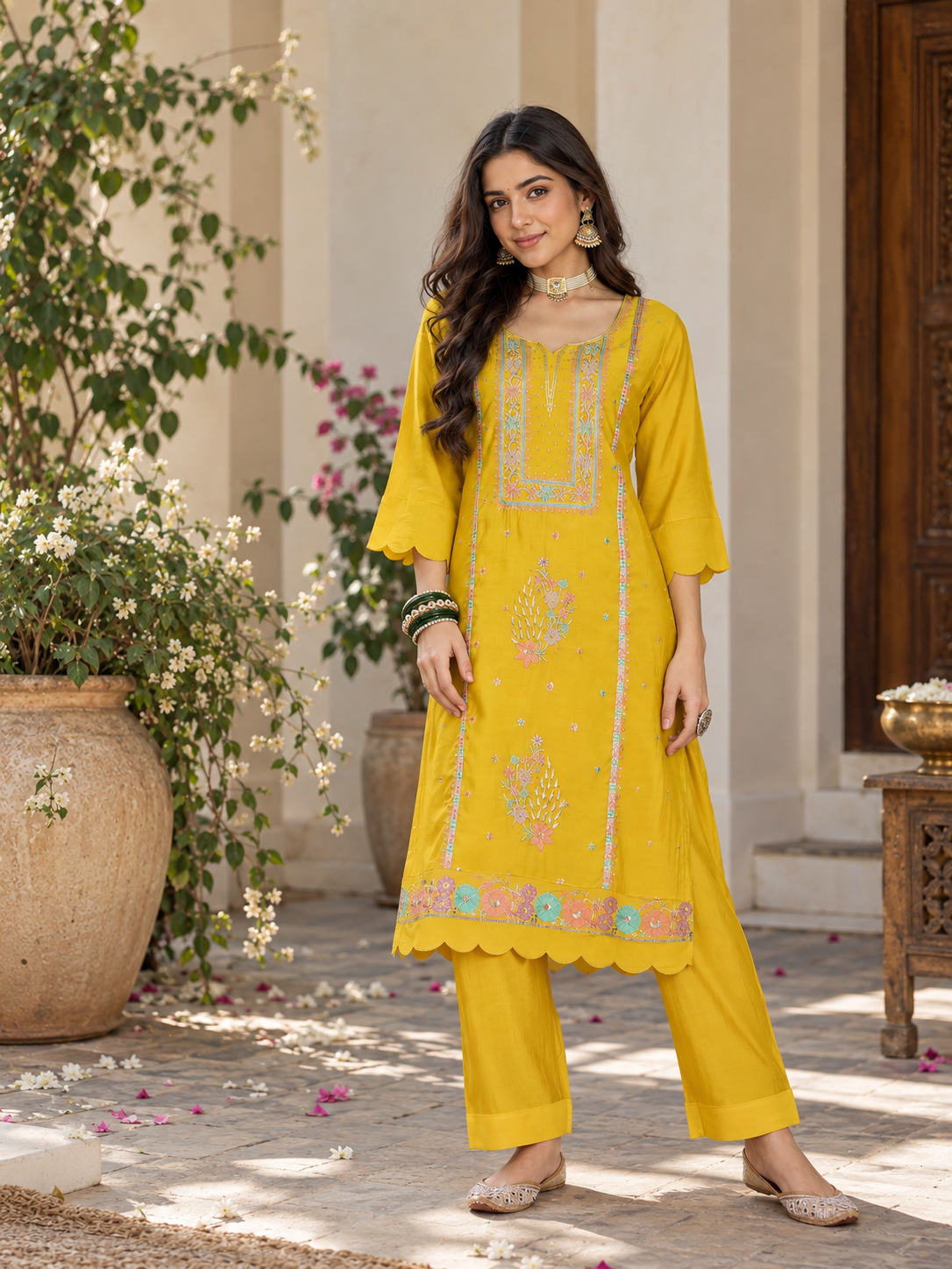 Women Mustard Silk Embroidery Kurta Set