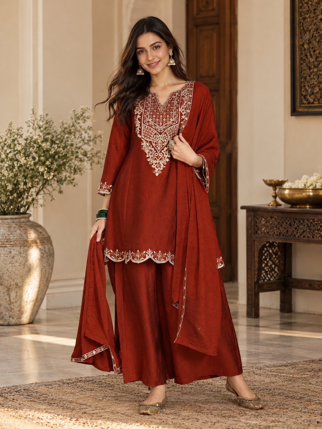Women Rust Silk Embroidered Kurta Set