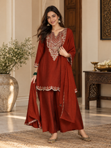 Women Rust Silk Embroidered Kurta Set