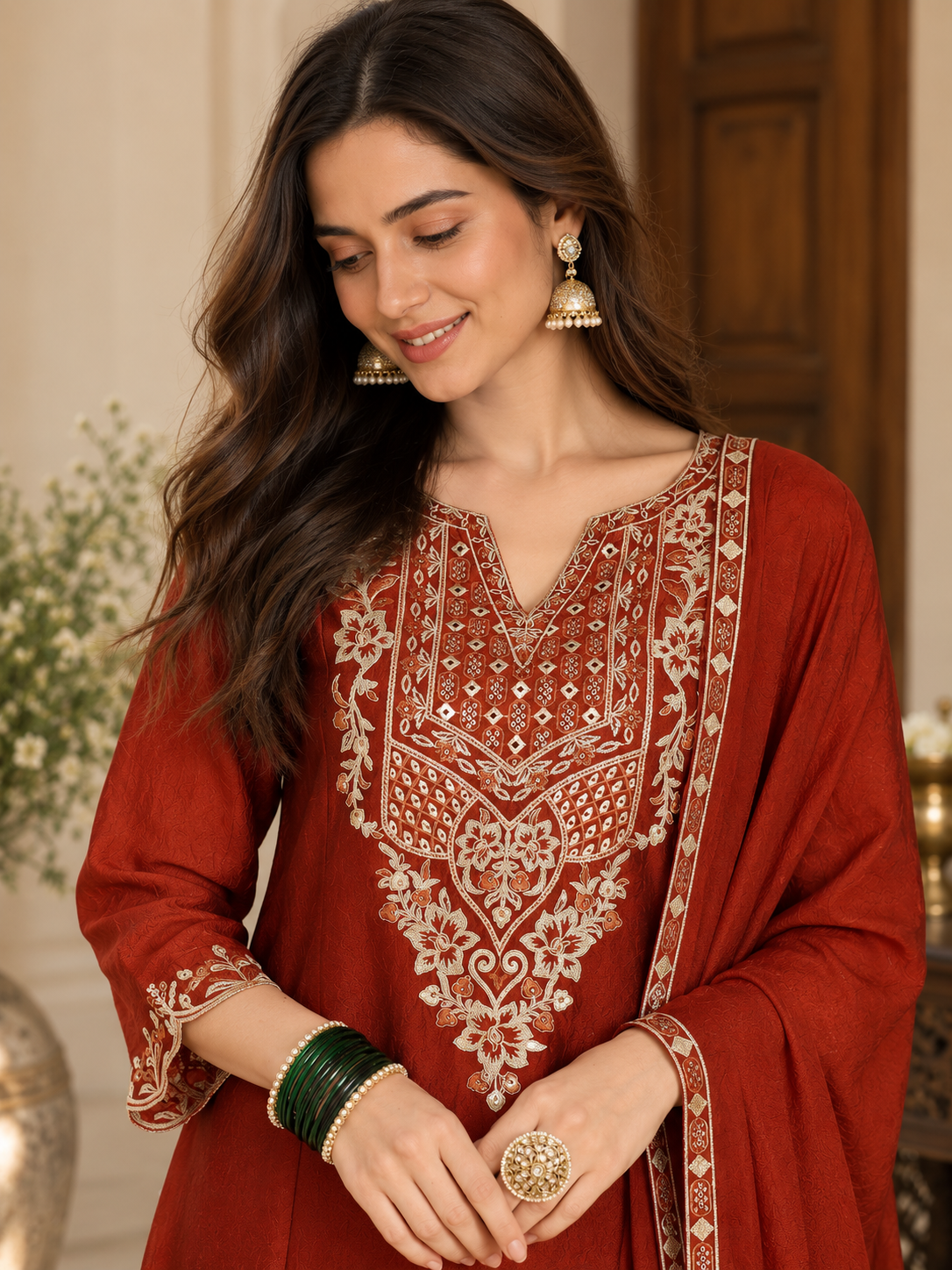 Women Rust Silk Embroidered Kurta Set