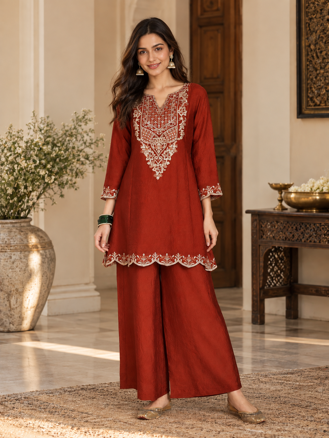 Women Rust Silk Embroidered Kurta Set