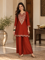 Women Rust Silk Embroidered Kurta Set