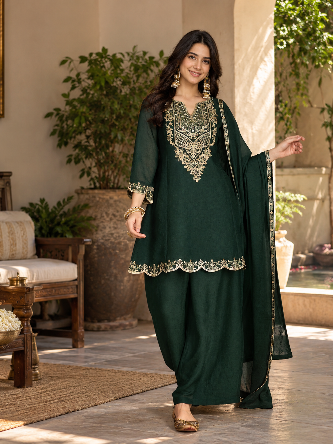 Women Green Silk Embroidered Kurta Set
