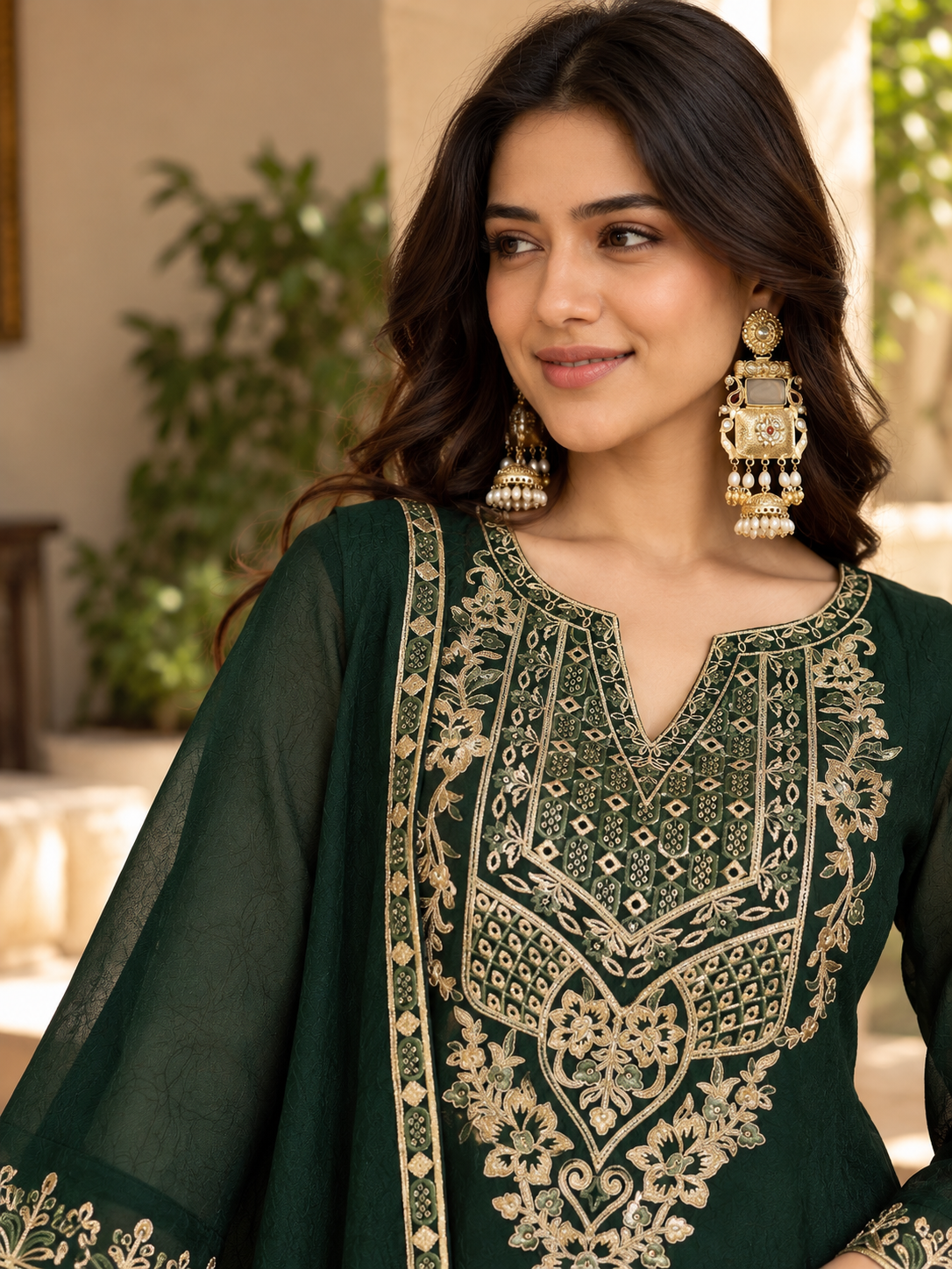 Women Green Silk Embroidered Kurta Set