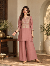 Women Mauve Silk Embroidered Kurta Set